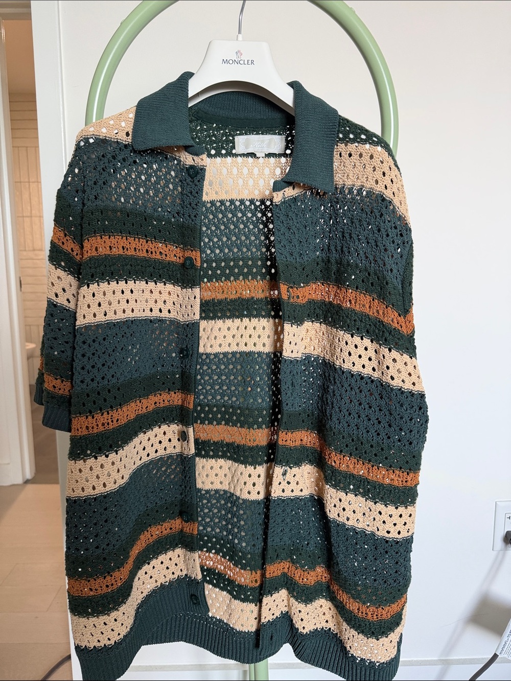 Kith Open-Weave Striped Polo Cardigan in Forest Green, Cream & Brown